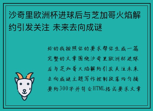 沙奇里欧洲杯进球后与芝加哥火焰解约引发关注 未来去向成谜